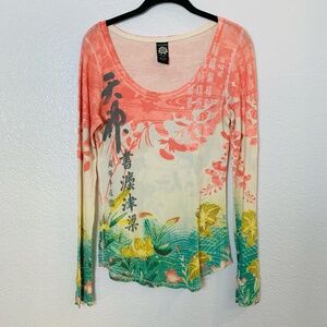 Y2K Lucky Brand Waffle Knit Top Womens Large Floral Print Boho Asian Inspired
